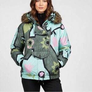 Floral Patterned Women's Jacket with Faux Fur Hood